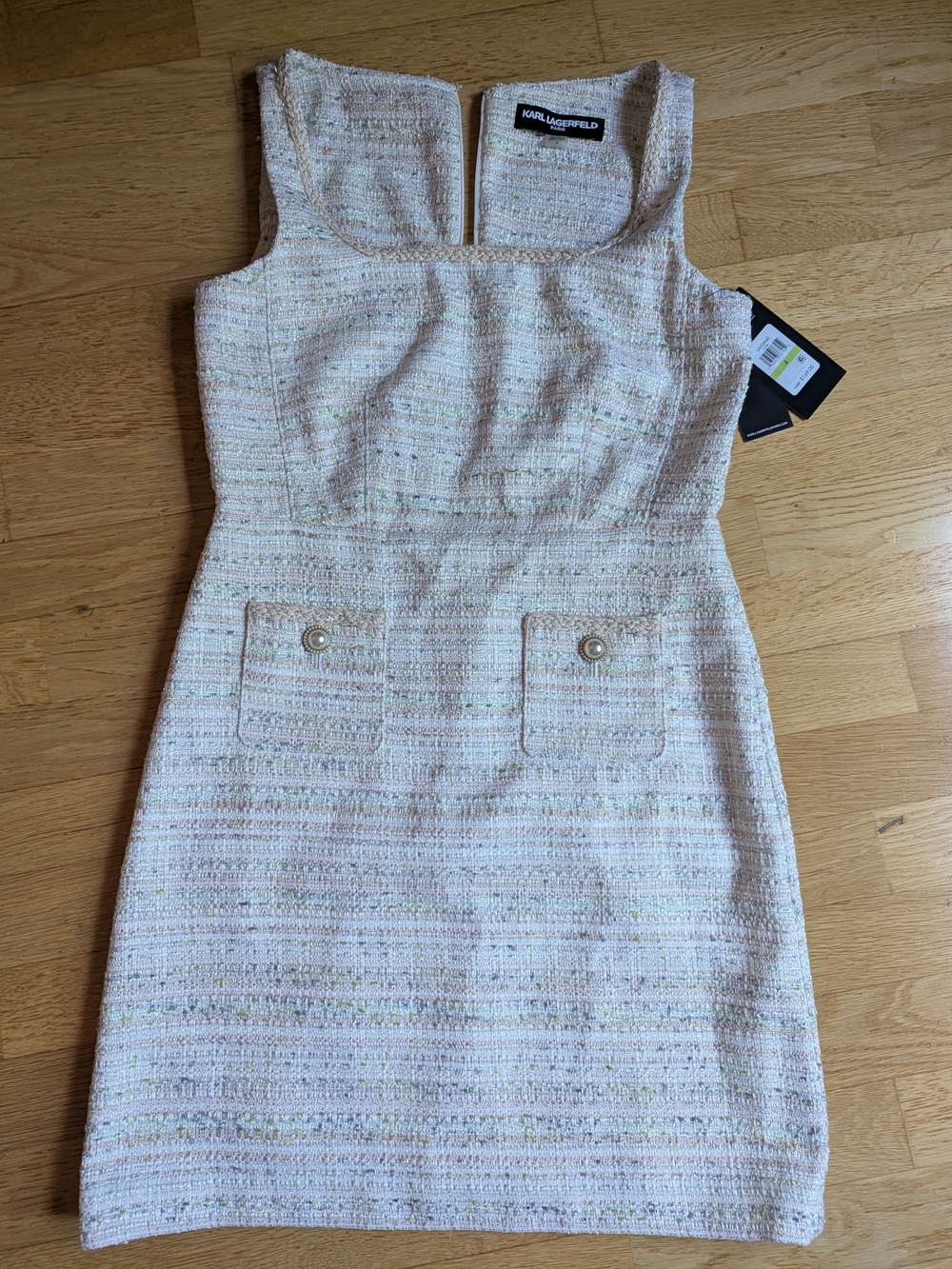 Karl Lagerfeld Paris Cream-Pink Tweed Pocket Sheath Dress